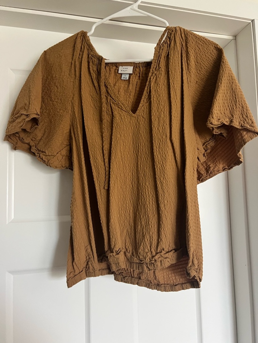 a new day Textured V-Neck Tie-Front Blouse - Brown